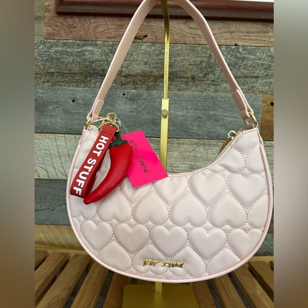 NWT-Betsey Johnson Pink Heart Quilted Shoulder Bag-Hot Stuff Charm